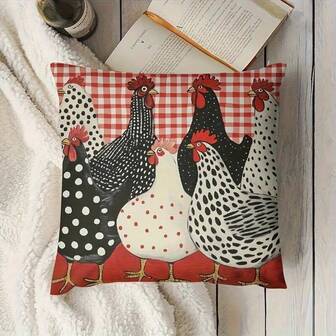 1 pieza Funda de almohada decorativa de pollo de estilo rústico, diseño de pollo y cuadros de estilo rústico, funda de almohada impresa en un solo lado de terciopelo melocotón, con cierre de cremallera, adecuada para la decoración de la sala de estar o el dormitorio, regalo para fiestas y uso diario, decoración de sofá, cama, silla