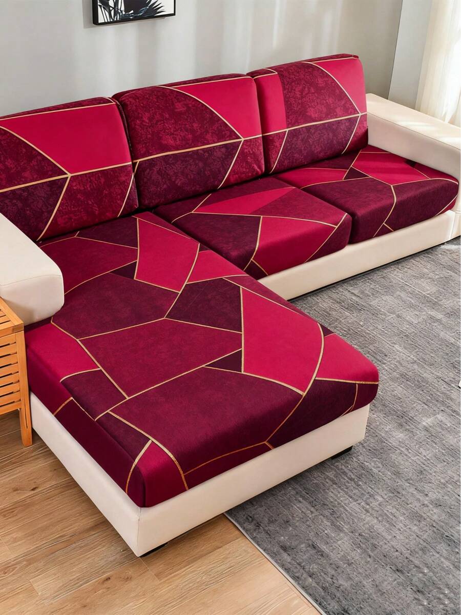 1 件几何三角印花牛奶丝弹力沙发坐垫套，适合所有季节