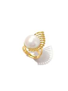 1pc Fashionable Stainless Steel 18K Gold Plated Large Pearl Fan Ring/Blue Universe Ring/Lotus Leaf Ring, Suitable For Women For Daily Wear, Banquet, Party, Travel, Holiday