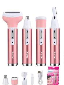 Kemei 4-In-1 Women's Electric Shaver - Painless Facial Hair Remover, Eyebrow Trimmer, Face Razor - USB Rechargeable Women's Shaver For Underarms, Legs, And Nose Hair, Portable Women's Hair Removal Device Set