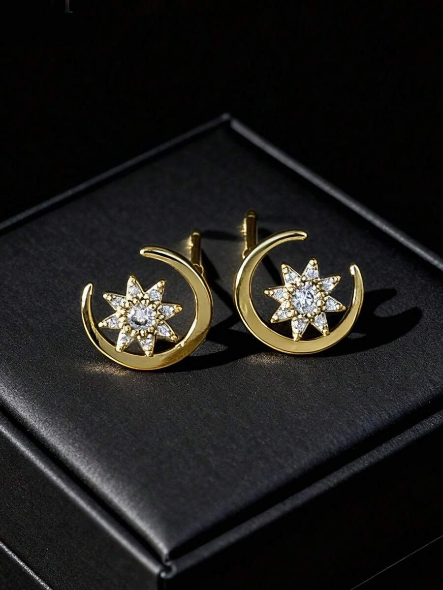 一对优雅星月耳钉，镶嵌立方氧化锆，铜合金材质，时尚饰品耳环配件，适合女性佩戴