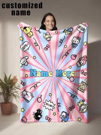  1 pieza Manta de franela con tema de personajes de Sanrio, personalizable con nombre propio, que presenta una atmósfera soñadora y caprichosa - Suave y cómoda, lavable a máquina, funda de almohada de tela de poliéster impresa digitalmente, adecuada para sofá, cama, viaje, camping, sala de estar, oficina, asiento - Regalo ideal para familiares y amigos