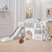 Tobogán infantil 8 en 1 con aro de baloncesto, volante, telescopio y túnel. Tobogán independiente para niños pequeños, ideal para interiores y exteriores. Incluye pelota y espacio de almacenamiento. - Gris - Ver 5