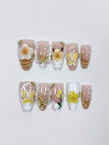 10pcs Y2K Cute Almond-Shaped 3D Resin Yellow Flower Petal, Butterfly, Wave French Pearl Nail Stickers, Handmade Nail Art Decals For Daily, Date, Afternoon Tea, Outing Nails - Multicolor - View 2