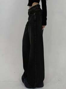 女士中腰褶裥阔腿牛仔裤，深蓝色水洗牛仔布，褶裥腰部设计，金属纽扣，2026 复古水洗休闲牛仔裤 - 黑色 - 查看 2