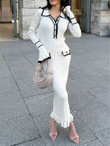 女士优雅罗纹针织连衣裙 - 时尚黑色滚边领口和袖口中长连衣裙 - 长袖翻领纽扣针织连衣裙 - 休闲时尚，适合春秋季休闲和正式场合，春秋季优雅休闲装 - 白色 - 查看 1