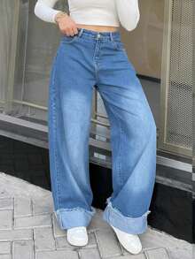 纯色休闲牛仔拉链纽扣口袋牛仔裤 - 藍色 - 查看 3