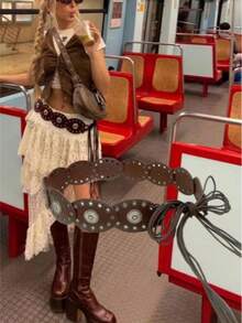1pc Patchwork Bohemian PU Leather Vintage Round Hollow Waist Belt, American Western Cowgirl Punk Style, Rivet Decor, Versatile For Skirts & Pants - Nhiều màu - Xem 1