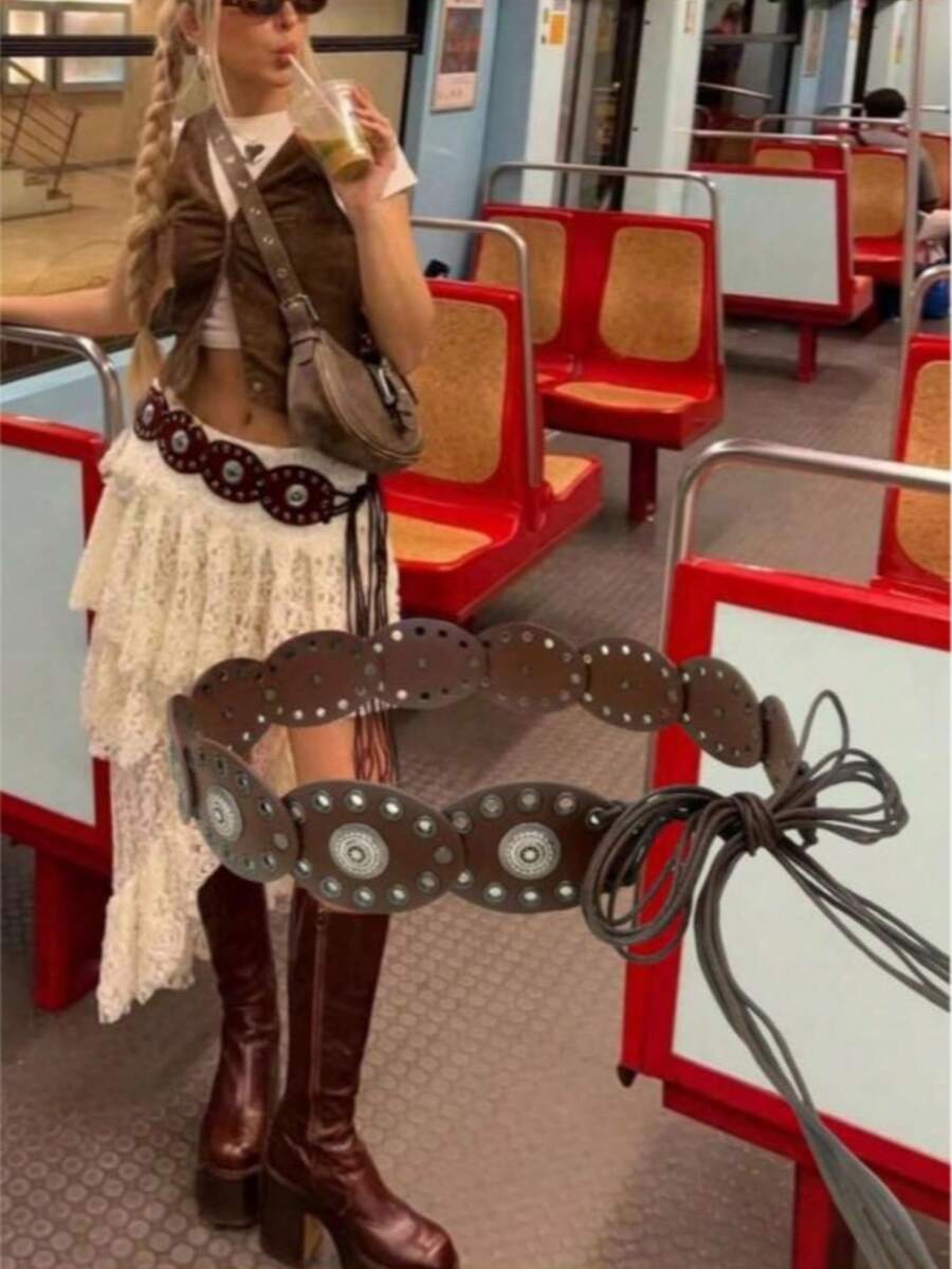 1pc Patchwork Bohemian PU Leather Vintage Round Hollow Waist Belt, American Western Cowgirl Punk Style, Rivet Decor, Versatile For Skirts & Pants - Nhiều màu - Xem 1