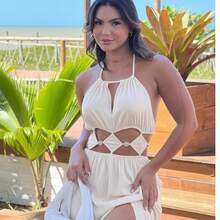 Women's Long Dress With Cutouts And Side Slit, Elegant And Premium Finish. Long Dress With Two Neckline Styles And Side Slit. Features Cutouts, A Slit, And A Tie At The Neckline. Elegant, Casual, Party, Split Fabric, Side Opening, Bare Back, Drawstring Tie. 2-In-1. Suitable For: Beach, Night, Garden, Photoshoot, Street, Birthday Party, Stage And Concert, Bachelorette Party, Travel, Vacation. - 裸體 - 查看 2