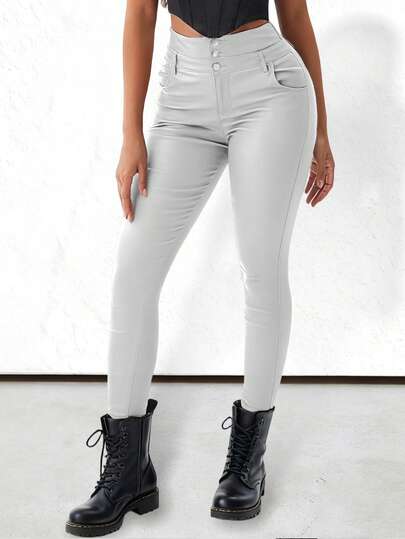 Apperloth A 90s Vintage Green High Waist Stretchy Button Fly PU Leather Skinny Comfy Tapered Pants Casual Shapeable Trousers