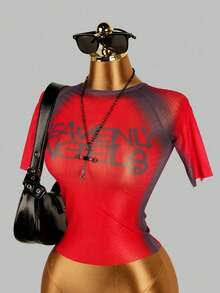 性感夏季女式上衣，印花网纱短袖T恤，适合情人节、夜店、性感派对穿着，透视休闲款 - 大紅色 - 查看 2