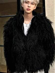 Autumn And Winter Styles, Faux Mink Fur, American Style, Street Style, Solid Color, Vintage, Ripple, Long Hair, PU Leather, Warm, Faux Fur, Cotton Jacket, Men's Coat - Black - View 1