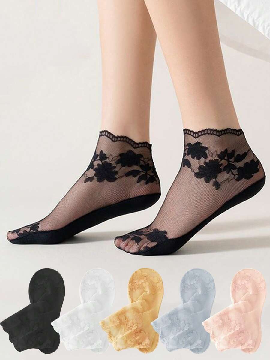 5 Pairs Of Women's Spring And Summer Thin Korean Version Breathable Invisible Sweat Absorbing Maple Leaf Lace Breathable Socks
