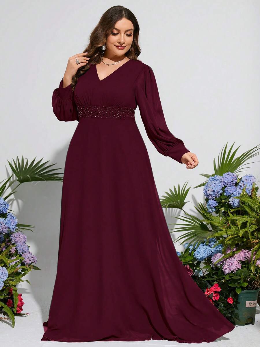 Plus Size Women Faux Pearl Embellished Long Formal Evening Gown Wedding Party Spring - Burgundy - View 1