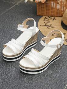 Große Größen 35-42 Sommer Neue Mode Dicke Sohle Hoch Plateau Keilsandalen, Alltag Outfit, Party, Hochzeit, Weiße Offene Zehe Dicke Sohle Keilsandalen für Frauen - Weißes PU - Übersicht 6