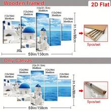 2D Flat, 5pcs Santorini & Blue Ocean Seagull Framed Canvas Art Set, White & Blue Aegean Sea Canvas Prints Wall Art, Modern Coastal Style Wall Decor, Suitable For Living Room, Bedroom, Office, Framed Landscape Painting, Ideal Holiday Gift, Coastal Home Decor - Multicolor - View 3