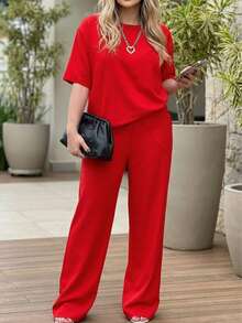 2 件套女士夏季休闲纯色圆领短袖上衣和松紧腰口袋裤子套装 - 紅色 - 查看 10