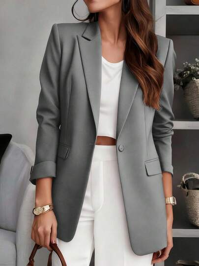 Blazer de mujer de unicolor con cuello entallado, diseño de bolsillo con botones, manga larga para uso en la oficina, versátil para negocios y uso casual, adecuado para otoño, invierno y primavera
