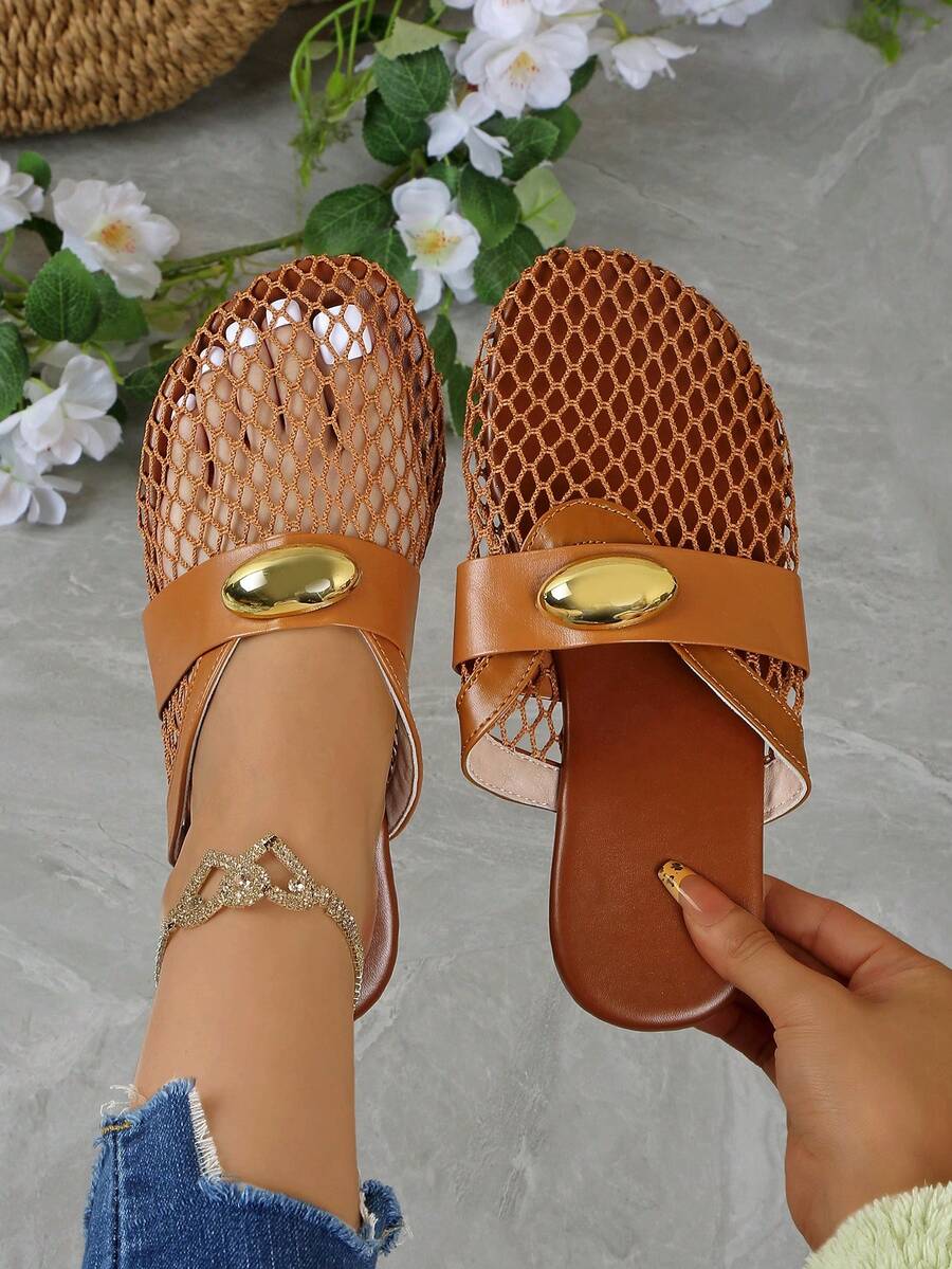 女士镂空网眼平底套脚鞋，舒适亚麻休闲穆勒凉鞋