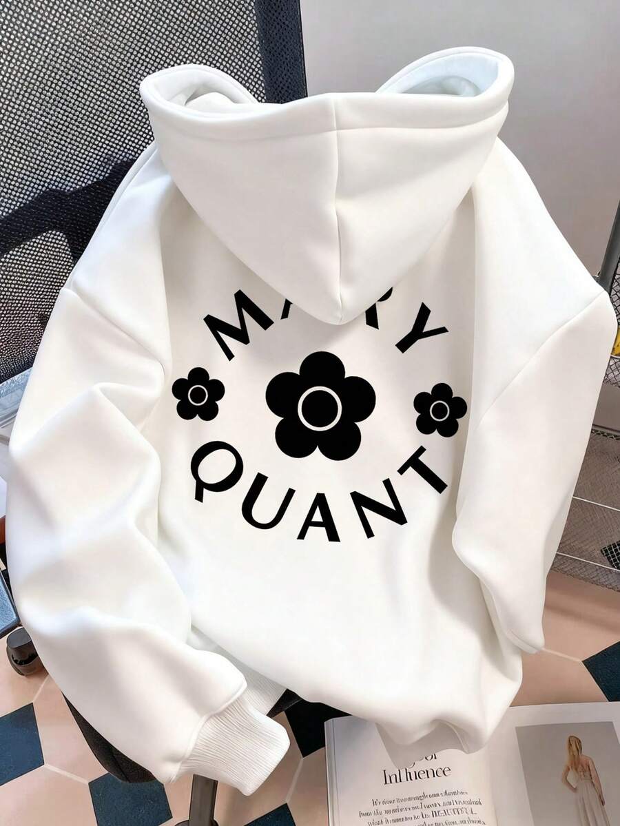 Y2K, 320g Retro Street Style Women's Autumn/Winter Clothing, Fashionable Loose Hooded Long Sleeve Sweatshirt, Cartoon Floral Print, Soft Fabric, Unisex One-Piece Design, A Fun Top That Can Be Layered Or Worn Alone. - 白色 - 查看 1