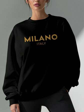 Milan Italy Letter Print Adult Casual Sweatshirt - Made Of Polyester Knit Fabric, Round Neck, Elastic Fit, Pullover Style, Suitable For Autumn/Winter