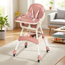 BITORQUATOS 5-In-1 Protable Baby High Chair With Tray, Toy Rack & Storage Basket, Adjustable Feeding Seat With PU Cushion And Wheels (Pink) - Pink - View 10