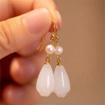 1 Pair Faux Jade Magnolia Flower Dangle Earrings, Vintage Style For Women