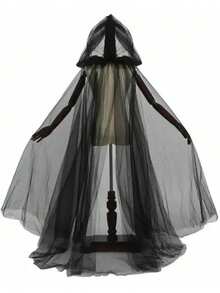 Unisex Long Black Sheer Hooded Cloak, Suitable As Witch Costume For Halloween, Fashionable And Chic - Black - View 9