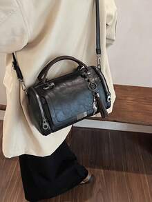 Tassel Decor Handbag, Women's Large Capacity Shoulder Bag, Fashion Zipper Crossbody Bag With Removab - 黑色 - 查看 5