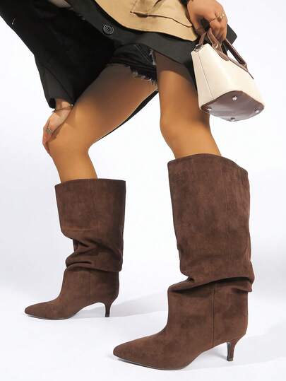 Enkellaarsjes met spitse neus in effen kleur, westernstijl, kittenhak, herfst/winter