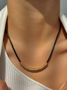 1pc Fashionable Minimalist Retro Exaggerated Multi-Circle Geometric Leather Cord Necklace Choker - Black - View 5