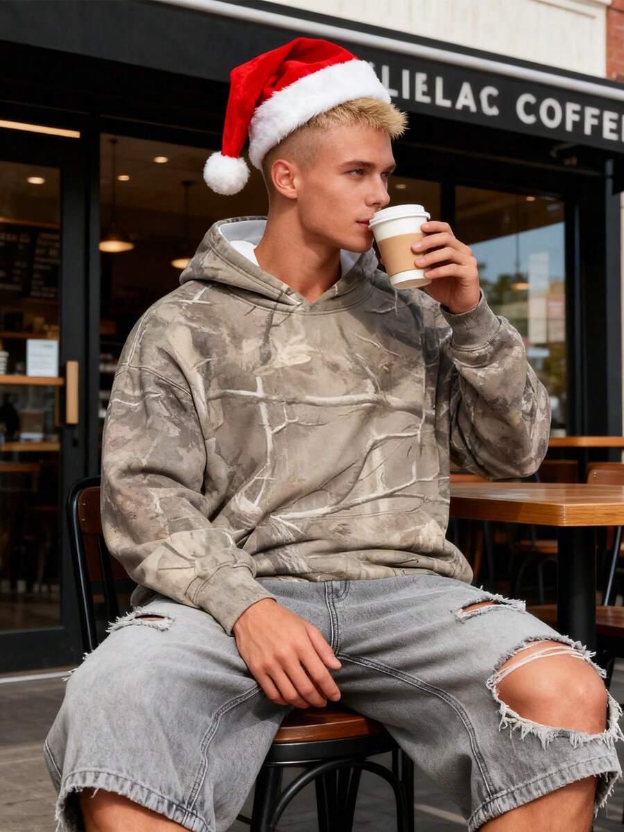 1PCS Light Camo Hoodie For Men, Christmas Gifts, Brown Camo Hoodie, Christmas Sweater, Camo T-Shirt Tee For Men, Graphic Mens Hooded, Maple Leaf Print Oversized Hoodies, Men Unisex Sweatshirt Y2k Hoodies Casual Pullover Sweater With Pocket - 駝色 - 查看 1