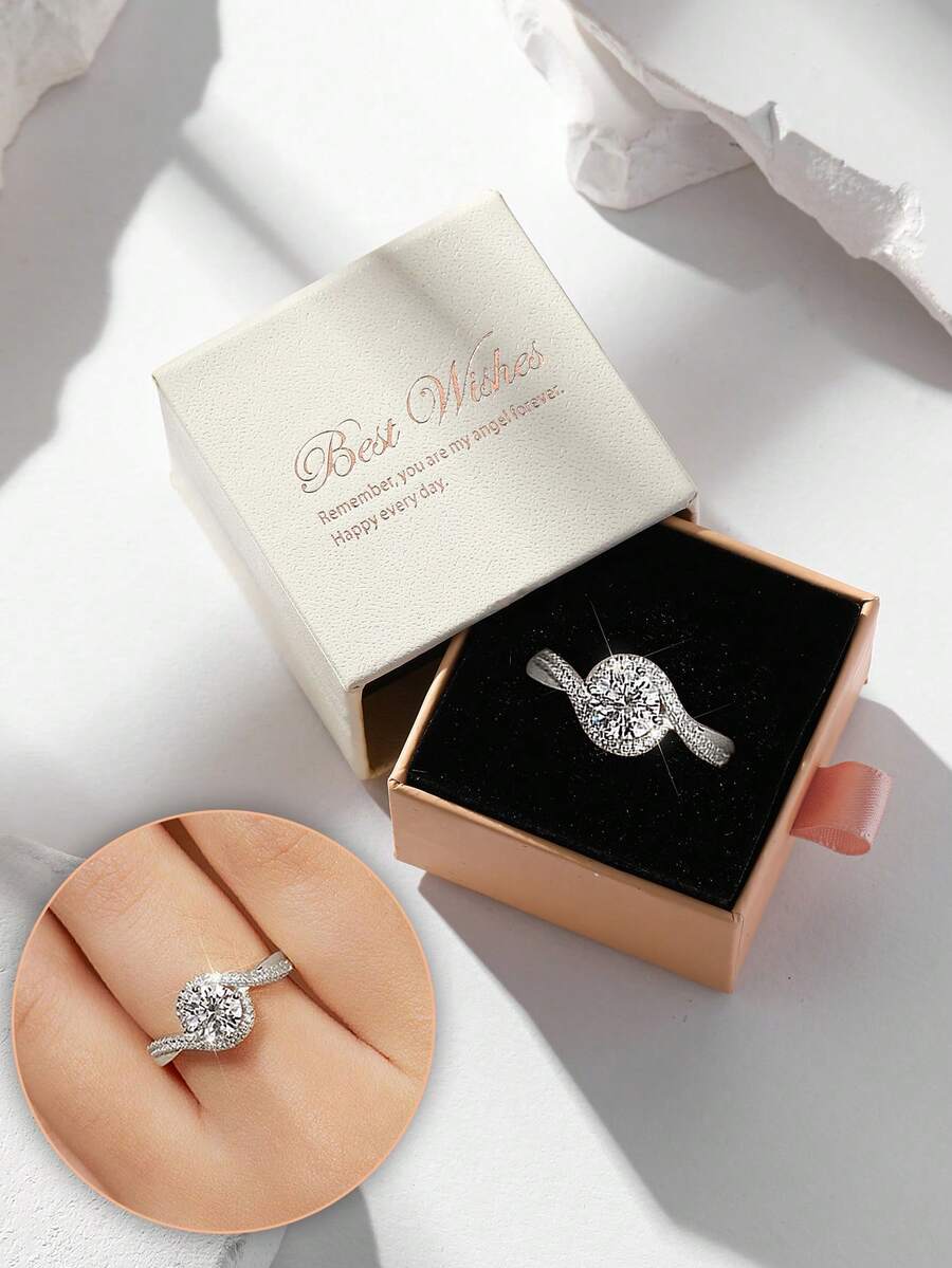 Hộp quà tặng sang trọng với nhẫn đá Cubic Zirconia, trang sức đa năng dành cho nữ, thích hợp cho đám cưới, lễ đính hôn, tiệc tùng, chất liệu đồng không phai màu, không gây dị ứng, thích hợp làm quà tặng cho người thân yêu và mẹ. - Bạc - Xem 1