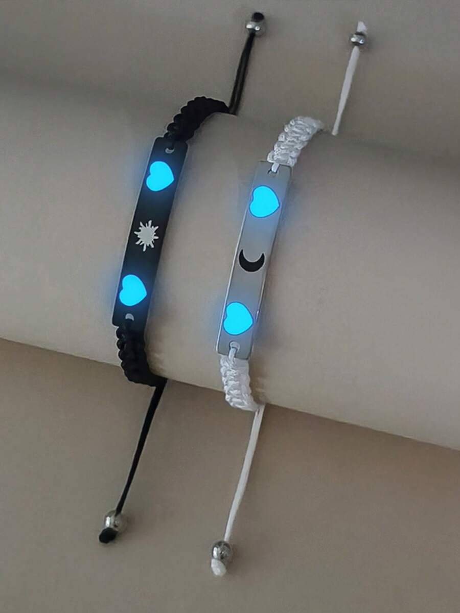 ATLVXJL 2件套发光情侣/友谊阴阳心形不锈钢吊坠可调节绳手链套装，适合日常佩戴和节日礼物 - 彩色 - 查看 1