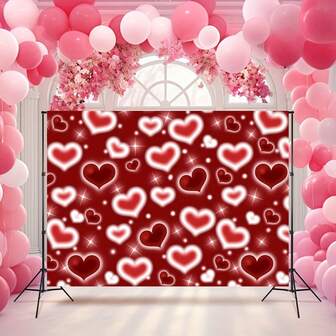 1件，180x110厘米情人节派对背景幕布，红色爱心涤纶材质，派对背景帘，家居、客厅、卧室墙面挂毯，墙面装饰，背景装饰，派对装饰