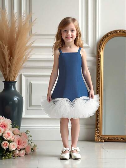 2pcs Young Girls' Spaghetti Strap Denim Contrast Mesh Elegant Avant-Garde Birthday Party Princess Dress & Jacket Set, Suitable For Vacation, Gathering, Outing, Excluding Headband