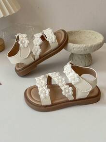 2026 New Girls Lace Flower Decor Sandals, Comfortable Material, Non-Slip And Durable, Open Toe Design, Multi-Strap Flat, Fresh And Elegant Style, Suitable For Summer Outings, Daily Wear And School - Beige - View 7