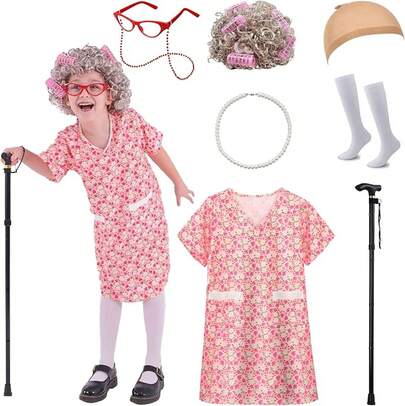 Girls 100 Days School Costume - Old Lady Wig, Dress & Accessories For Girls, Ages 3-10Essential Festive Atmosphere For Christmas