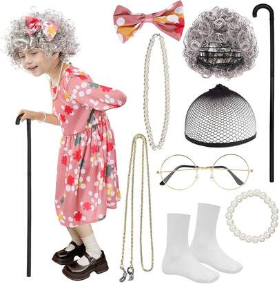 Kids Old Lady Costume For Girls Grandma Wigs Dress Glasses Necklace Granny Outfit 100 Days Of School CosplayEssential Festive Atmosphere For Christmas