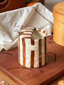 1pc Vertical Striped Ceramic Handled Coffee Mug, Asymmetric Shaped Ceramic Cup, Minimalist European Style, Handmade High Aesthetic Tea Cup, Coffee Mug, Multipurpose, Insulated, Suitable For Home, Restaurant, Cafe, Party And Gift - Multicolor - View 10