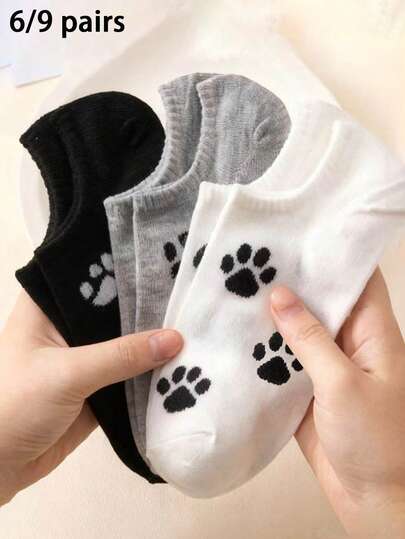 6/9 pares de calcetines tobilleros con estampado de pata de gato para mujer, opciones de multicolor (negro/gris/blanco), diseño adorable de pata de gato en la parte superior, calcetines ocultos de corte bajo, cómodos y antideslizantes, suaves y con estilo japonés adorable, adecuados para uso diario en primavera/verano, combinables con sandalias o zapatillas, excelentes para amantes de las mascotas y regalos festivos