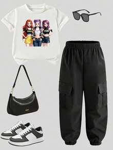 Toddler Girls' Cartoon Print Round Neck Short Sleeve Top And Cargo Pants Set - White - View 2