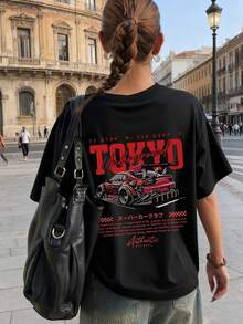 夏季新款简约时尚趣味赛车印花休闲圆领白色短袖T恤，百搭且适合女性穿着，黑色 - 黑色 - 查看 7