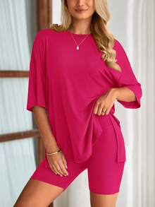 PRETTYGARDEN Women's Summer Clothes 2 Piece Sets Lounge Set Casual Oversized Shirts Biker Shorts Matching Airport Travel Sweatsuit Set Women Vacation Outfit Rose Red Summer Brunch Outfits For Women - 玫紅色 - 查看 4