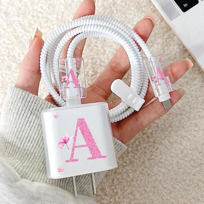 1,5M Organizador de cables con diseño de letras de dibujos animados, set protector de carga anti-rotura, compatible con cable de carga rápida de 20W para iPhone (A-Z)