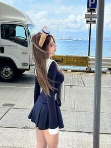 New Women Elastic Knit Long Sleeve Top, Slim Fit Flattering Collegiate Chic Autumn Basic Fitted T-Shirt Camisole - Royal Blue - View 6