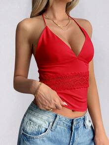 Áo hai dây hở lưng phối ren kiểu Y2K gợi cảm dành cho nữ của GAOVOT, áo croptop ôm sát mùa hè phù hợp cho việc đi lại hàng ngày. - Đỏ - Xem 6