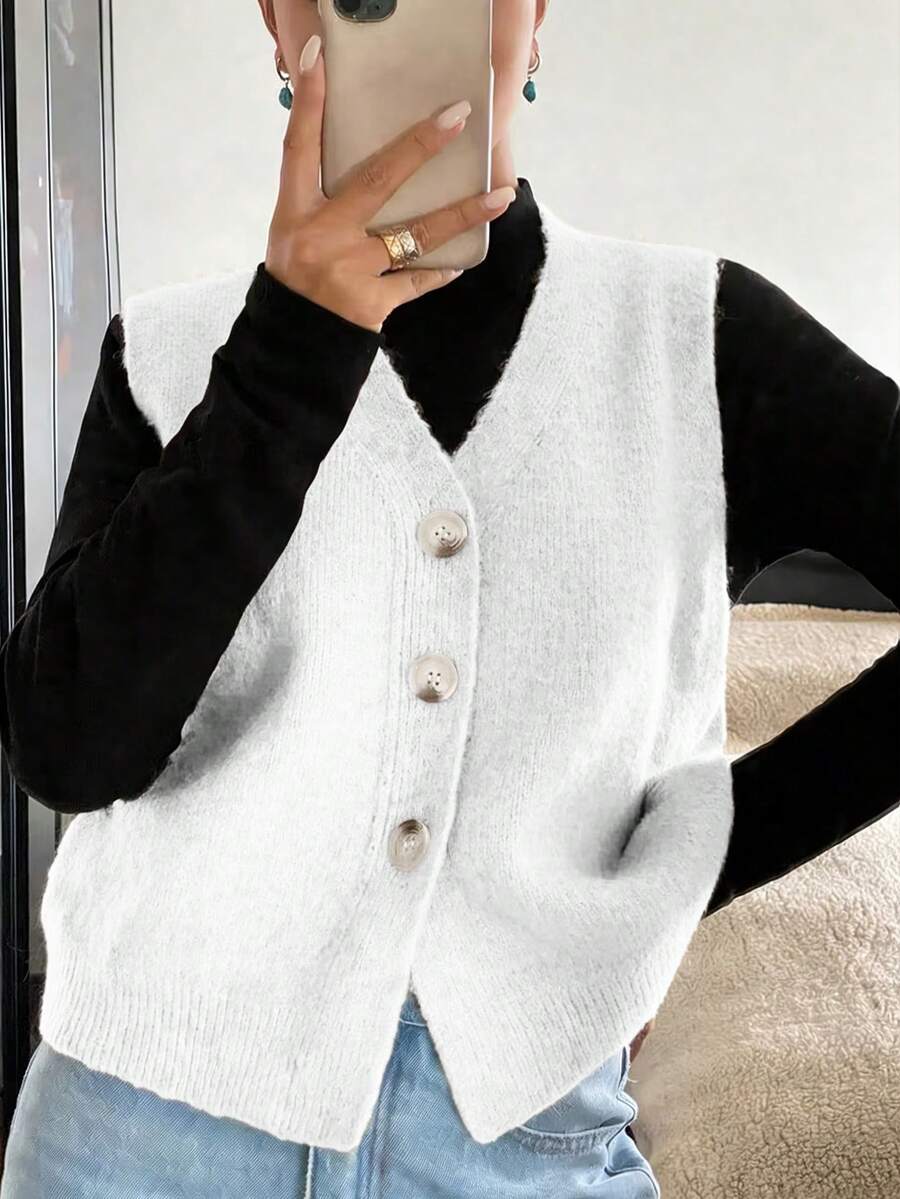 Women's Casual Solid Color V-Neck Long Sleeve Button-Up Knit Vest, Suitable For Spring And Autumn Outfits - White - View 1