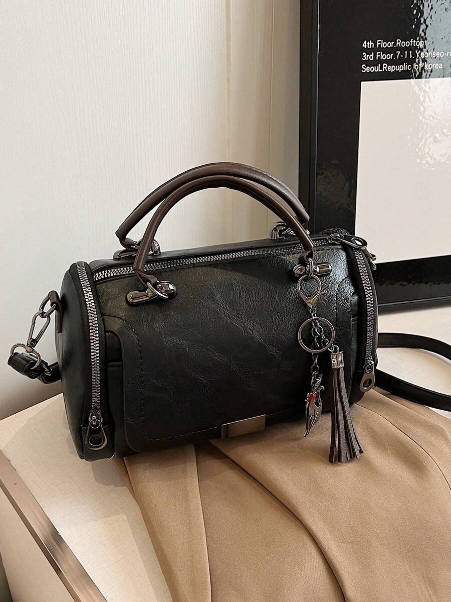 Tassel Decor Handbag, Women's Large Capacity Shoulder Bag, Fashion Zipper Crossbody Bag With Removab - 黑色 - 查看 1